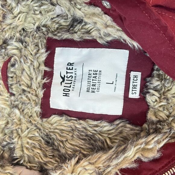 Hollister Maroon Fur Lined Zip-Up Snap Stretch Parka Jacket Size Large - Picture 7 of 9